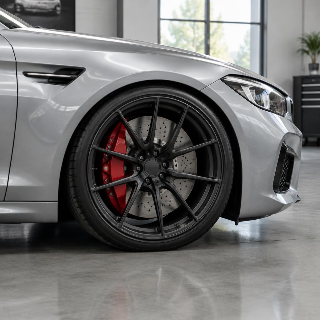 Illustrative black multi-spoke wheel on a silver sedan